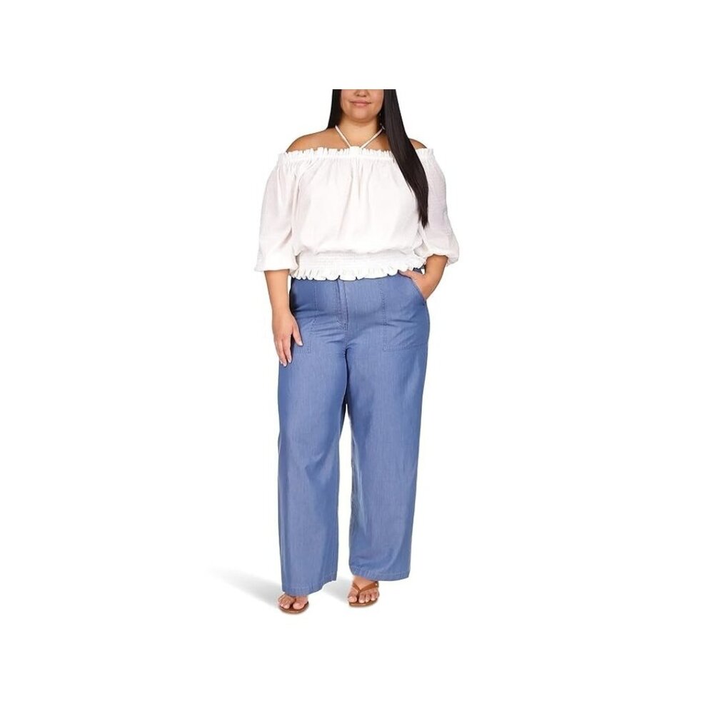 Michael Kors Women Plus Size 1X Wide-Leg Chambray Pants Blue MSRP $125